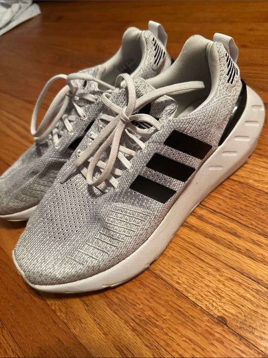 adidas Shoes - adidas Gray Knit Sneakers with Black Three-Stripes